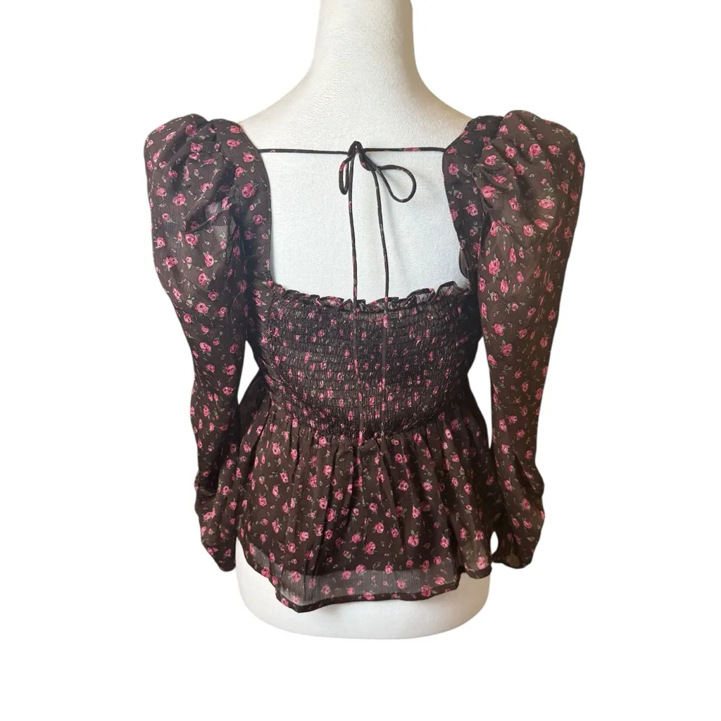 ASTR the Label Floral Print Smocked Babydoll Top Brown Pink Ditsy Med Milkmaid - Image 9