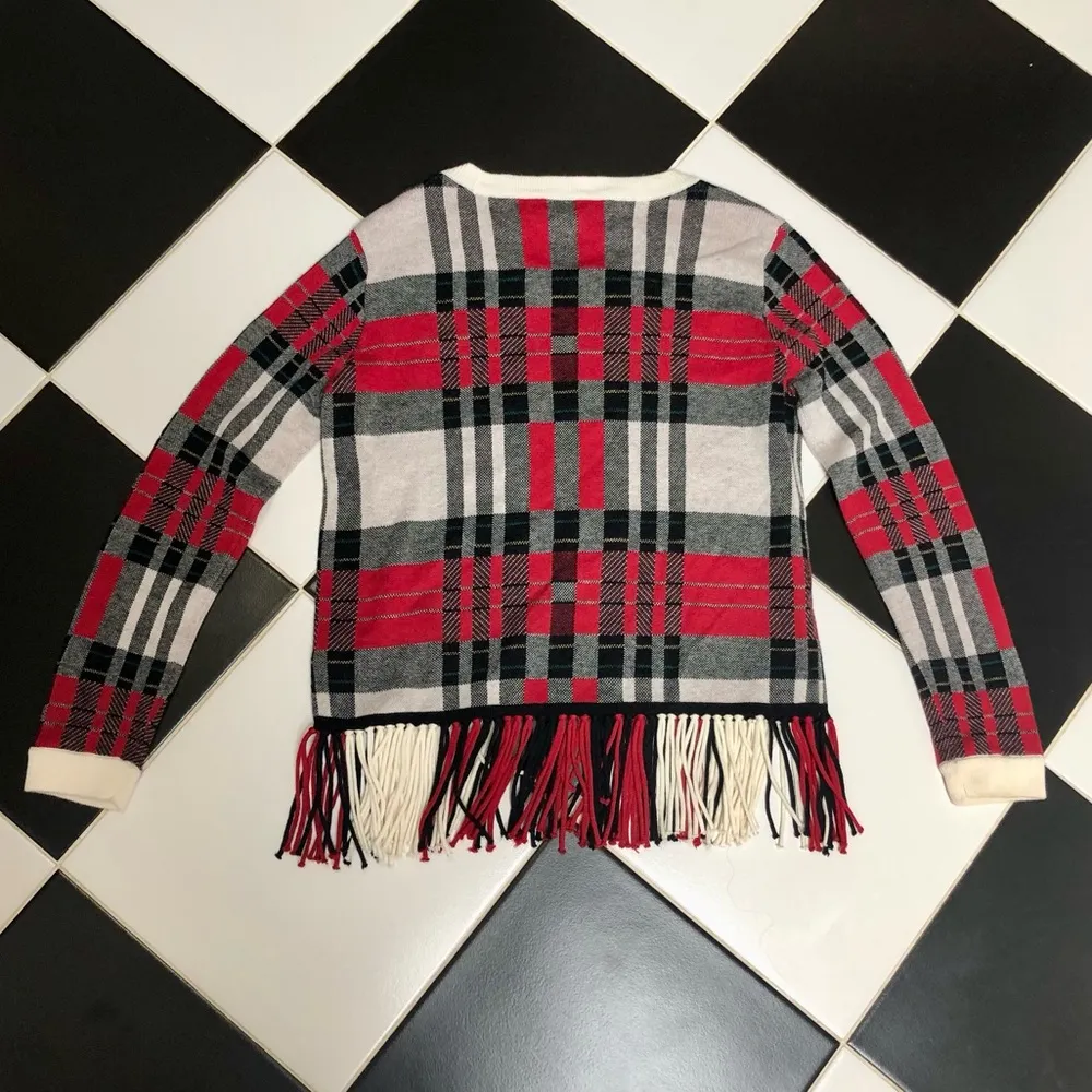 Plaid Fringe Pullover Sweater Red Black White Stripe Wool Blend size M - Image 7