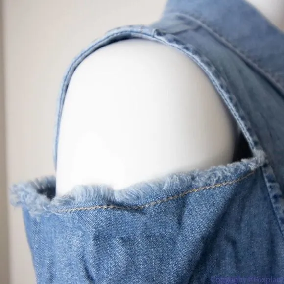 7 For All Mankind Women's Long Sleeve Cold‎ Shoulder Denim Shirt, size S - Image 10