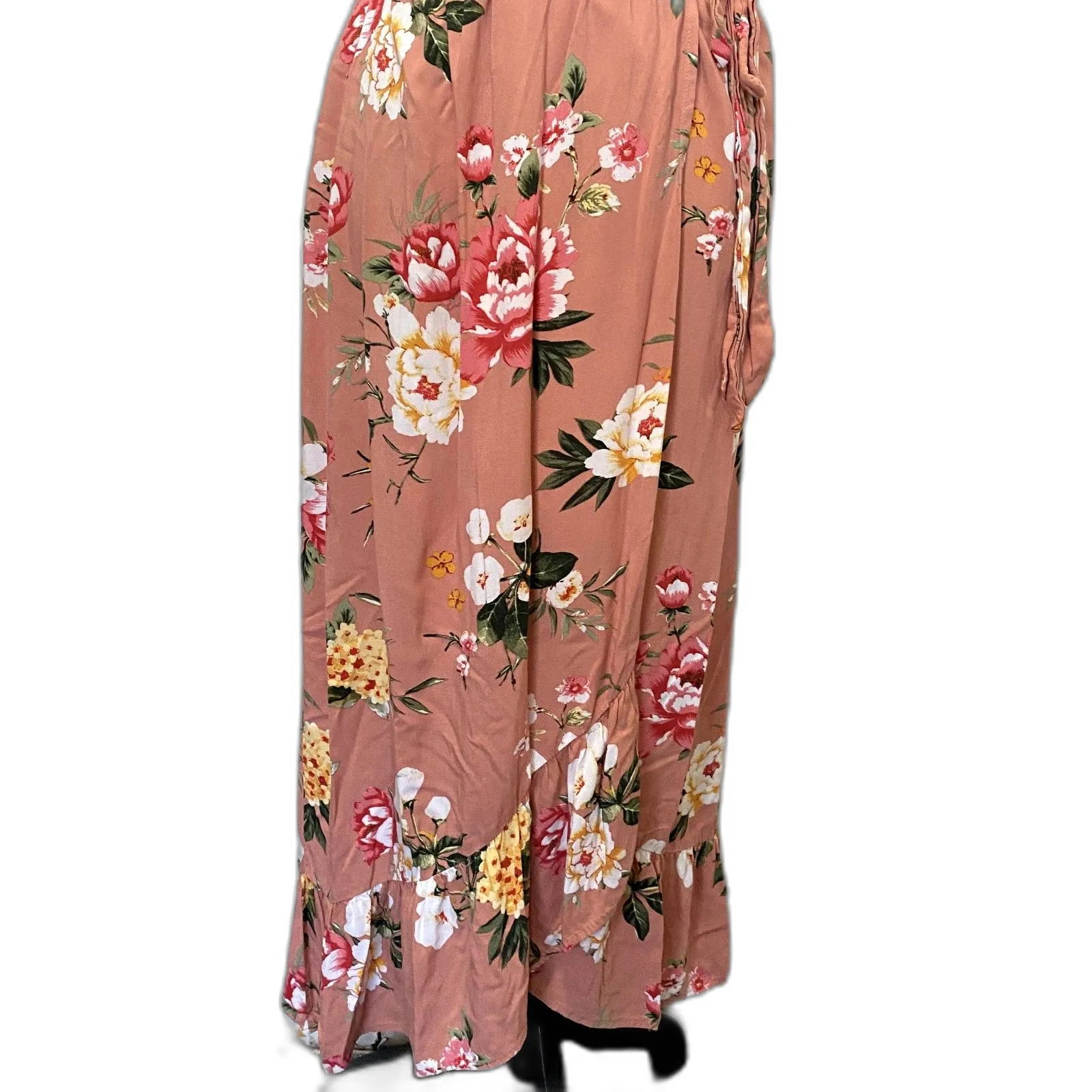 Band of Gypsies Faux Wrap Midi Dress Rose Pink Floral‎ Flirty Boho Size XS - Image 4