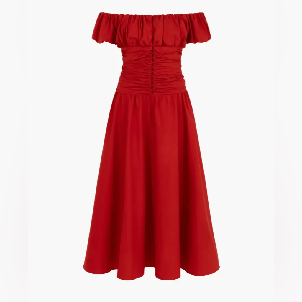 New! Nocturne Drape Off the Shoulder Midi‎ Dress in Red Sz Large $299 - Image 4