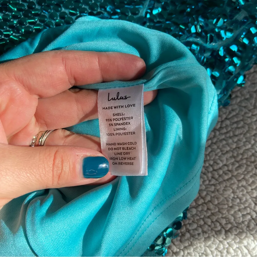 NWOT Lulus Glittering Nights Aqua Blue Sequin Off-the-Shoulder Mini Dress - Image 10