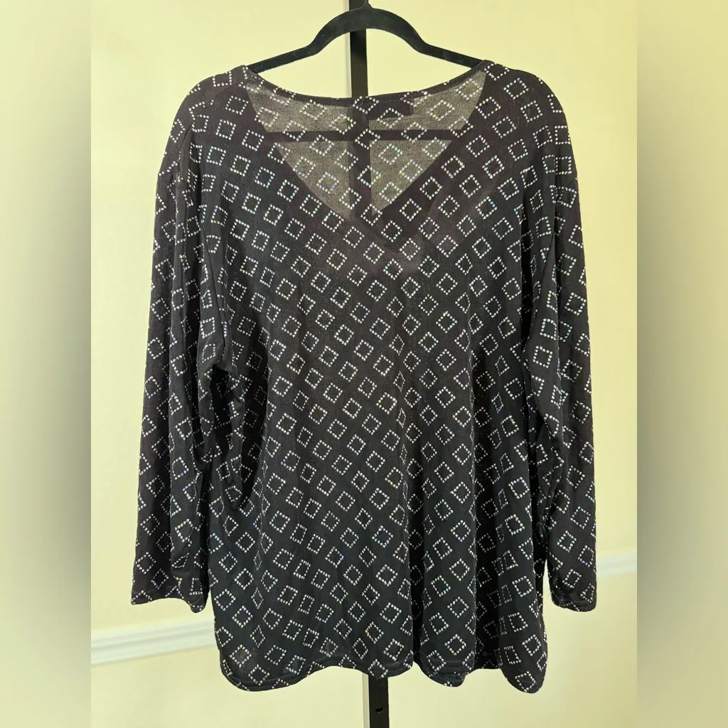 Vintage Y2K Metallic Holographic Sheer Black Diamond Print V Neck Top 2X - Image 2