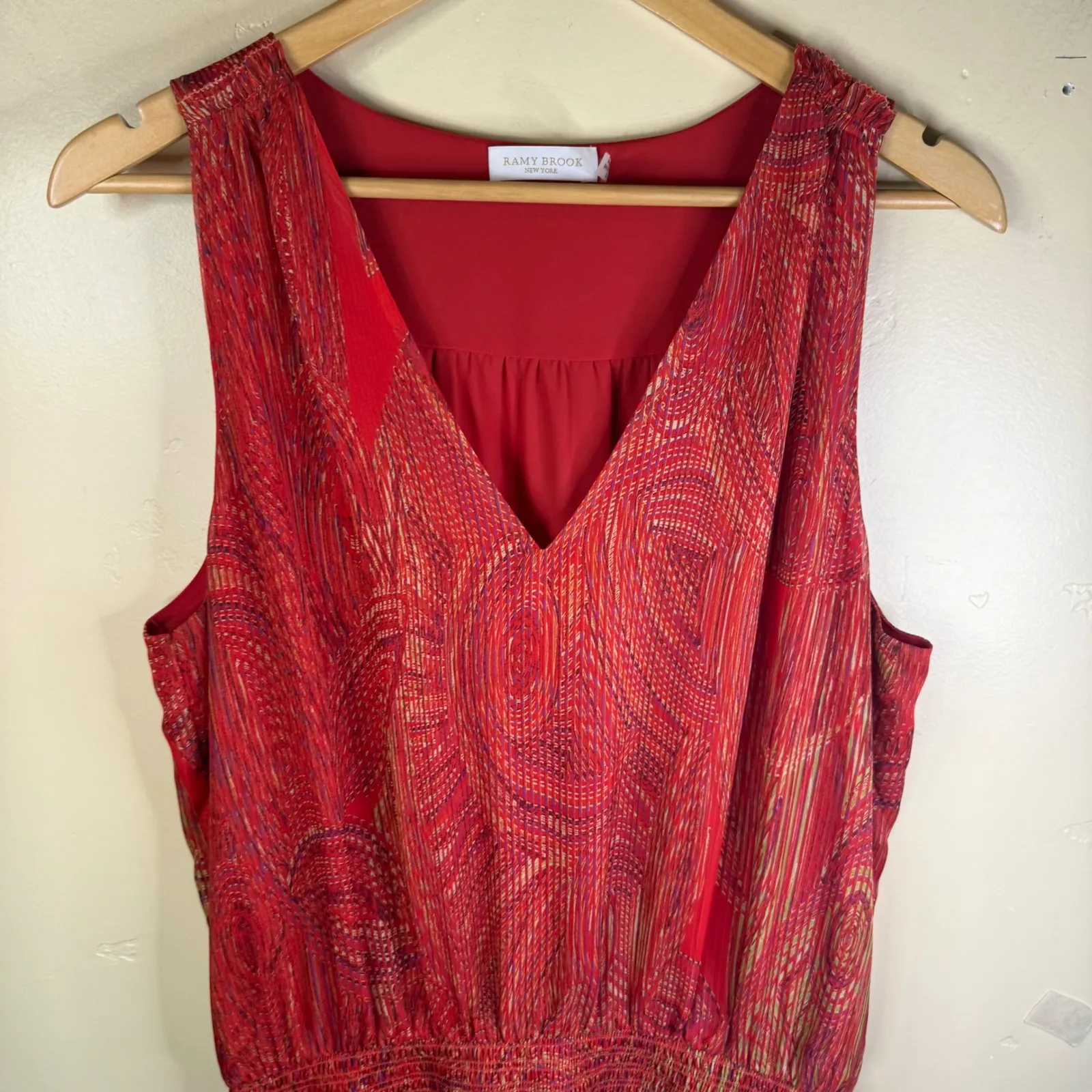 Ramy Brook Wolfe Boho Red Paisley Print Smocked Tiered Mini Dress Womens Size LG - Image 5