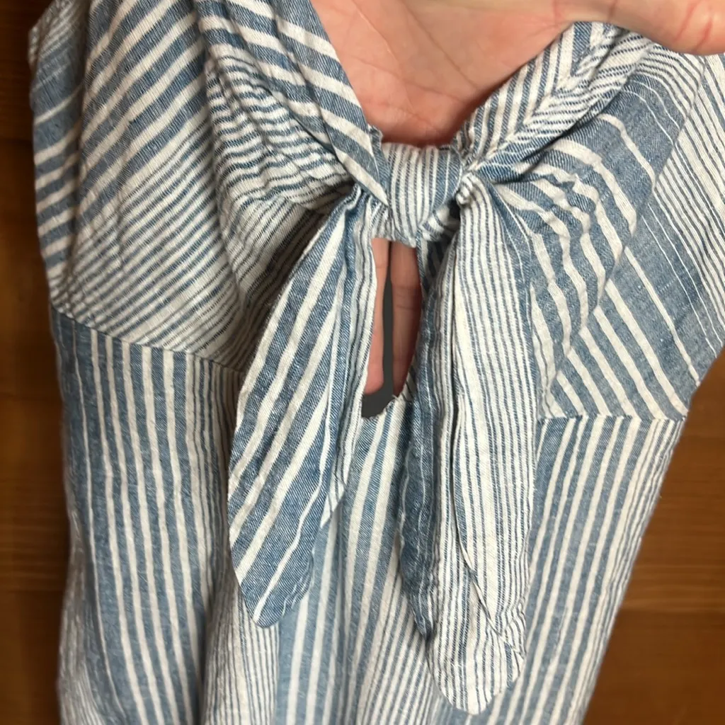 By Together Linen Key Hole Bow Stripe Maxi Dress Boho Coastal Bow Blue White - Image 5