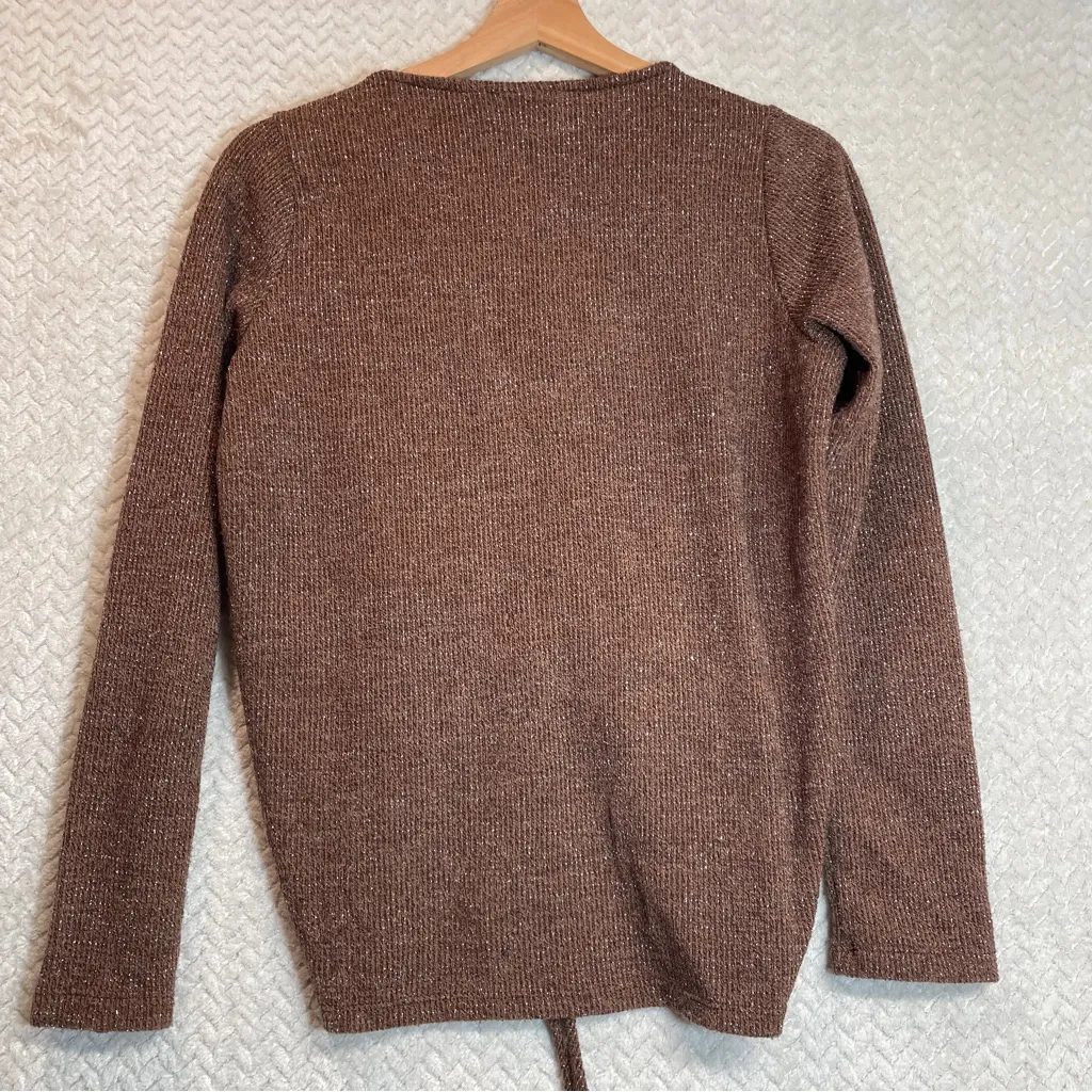 Daytrip Womens Brown Glittery Cinched Front V-neck Y2K Style Knit Sweater Small - Image 6