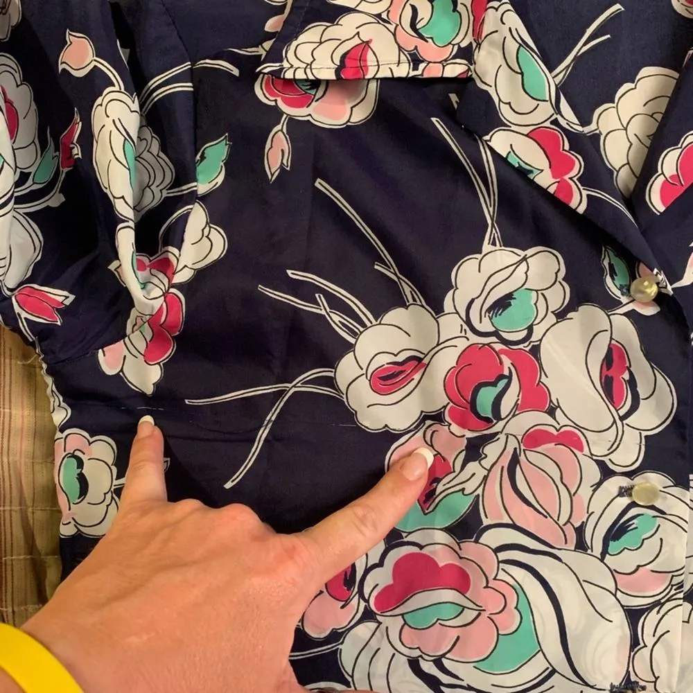 Vintage Floral button down secretary shirt blouse shirt Poly Pink Blue Size L - Image 4