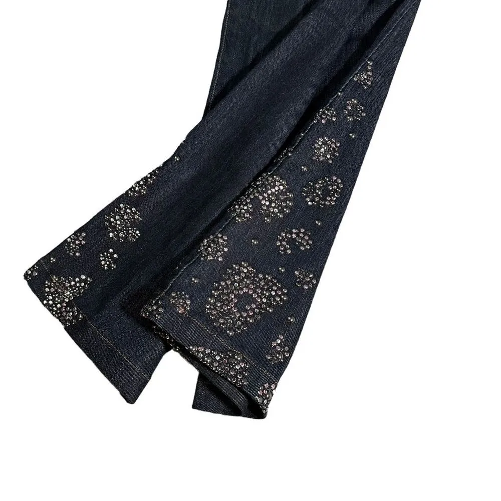 St. John Couture Embellished Straight- Leg Denim Jeans Rhinestones Mid-Rise Sz 8 - Image 4