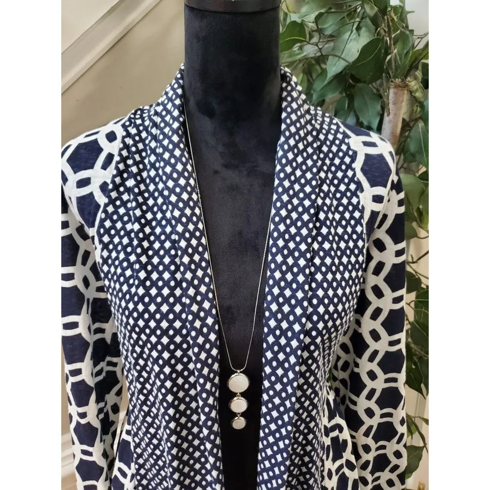 Crown & Ivy Women's Navy White Cotton Open Front Long Sleeve Cardigan Sweater M - Image 2