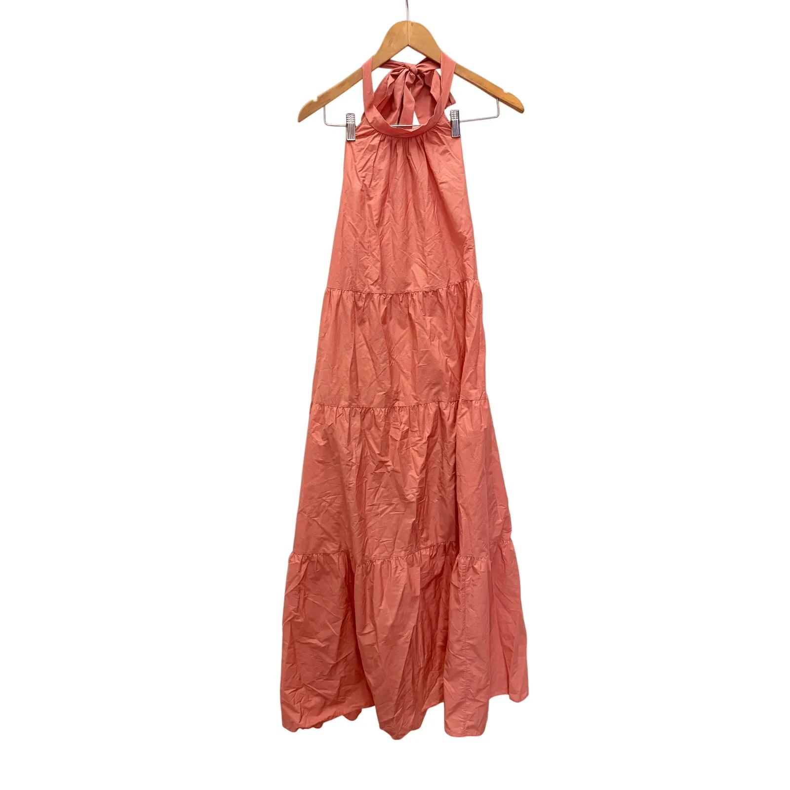 Theory Tiered Halter Maxi Dress Cotton Blend Pink Coral Large Event Minimalist‎ - Image 5