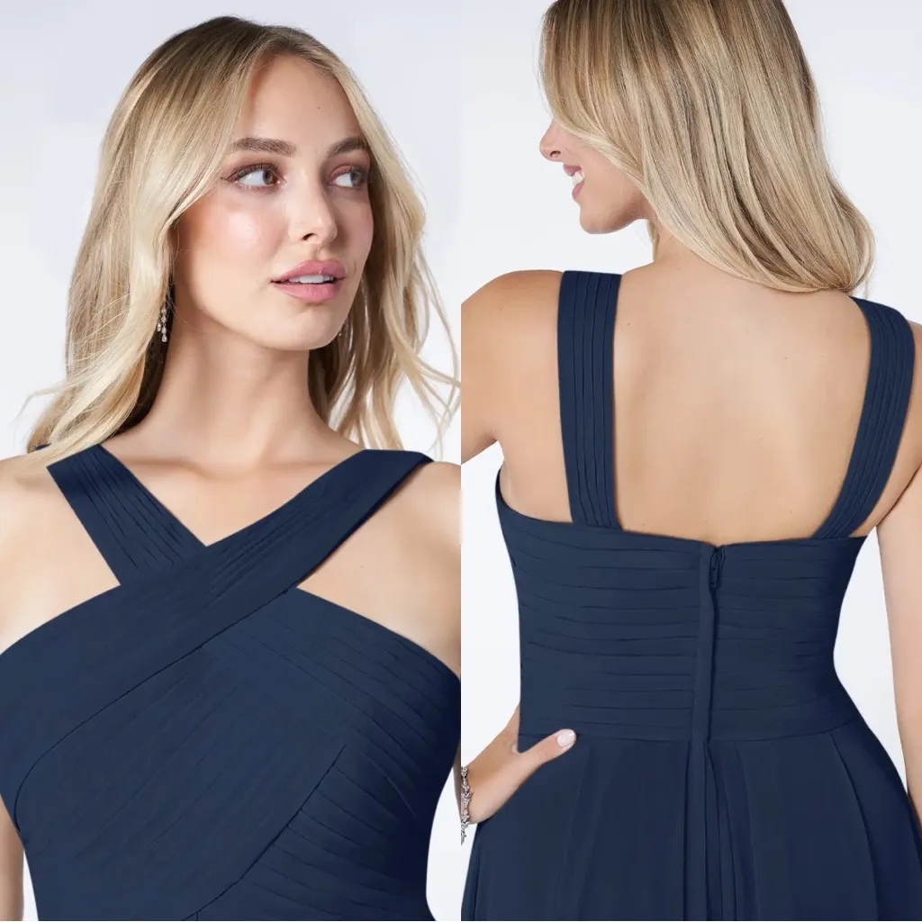 NWT Azazie Kaleigh Dark Navy Blue A-Line Pleated Chiffon Bridesmaid Maxi Dress 6 - Image 3