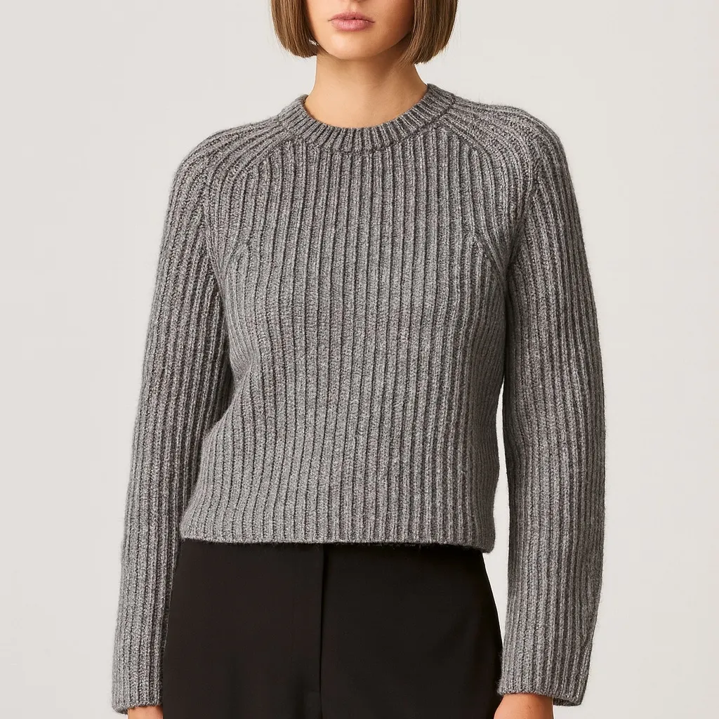 NAADAM Wool & Cashmere Ribbed Crewneck Barrel Sleeve Sweater Chunky Knit S Gray - Image 9
