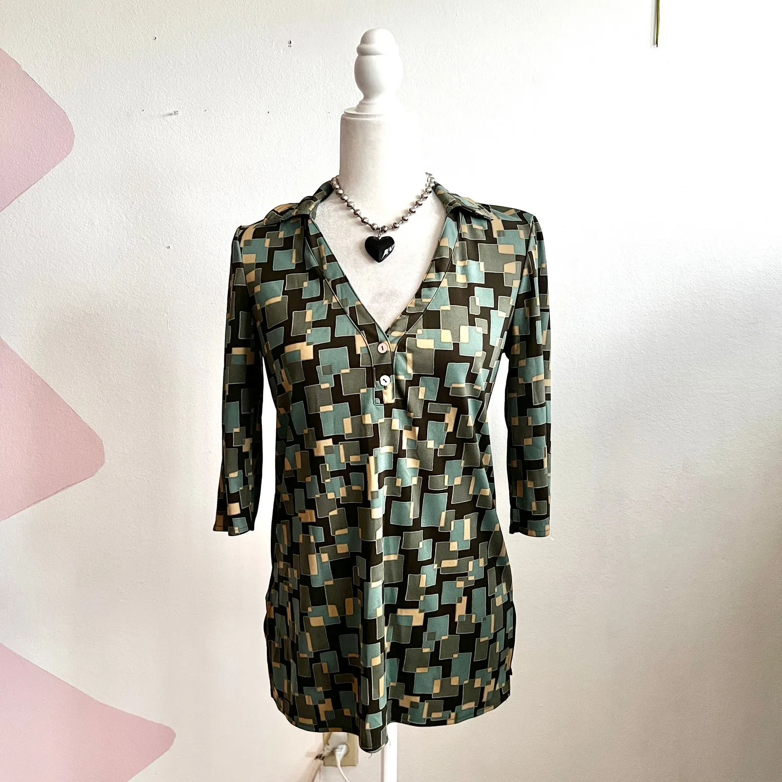 Vintage Green Geometric Top Mod Print‎ Retro 70s Funky Groovy Small - Image 2