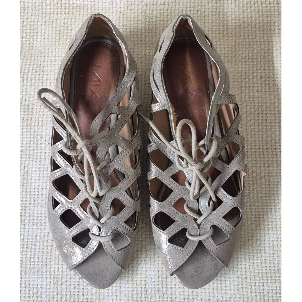 MIA Sandals Cutout Peep Toe Lace Up Gold/ Taupe Comfort Ladies Size 8.5M - Image 2