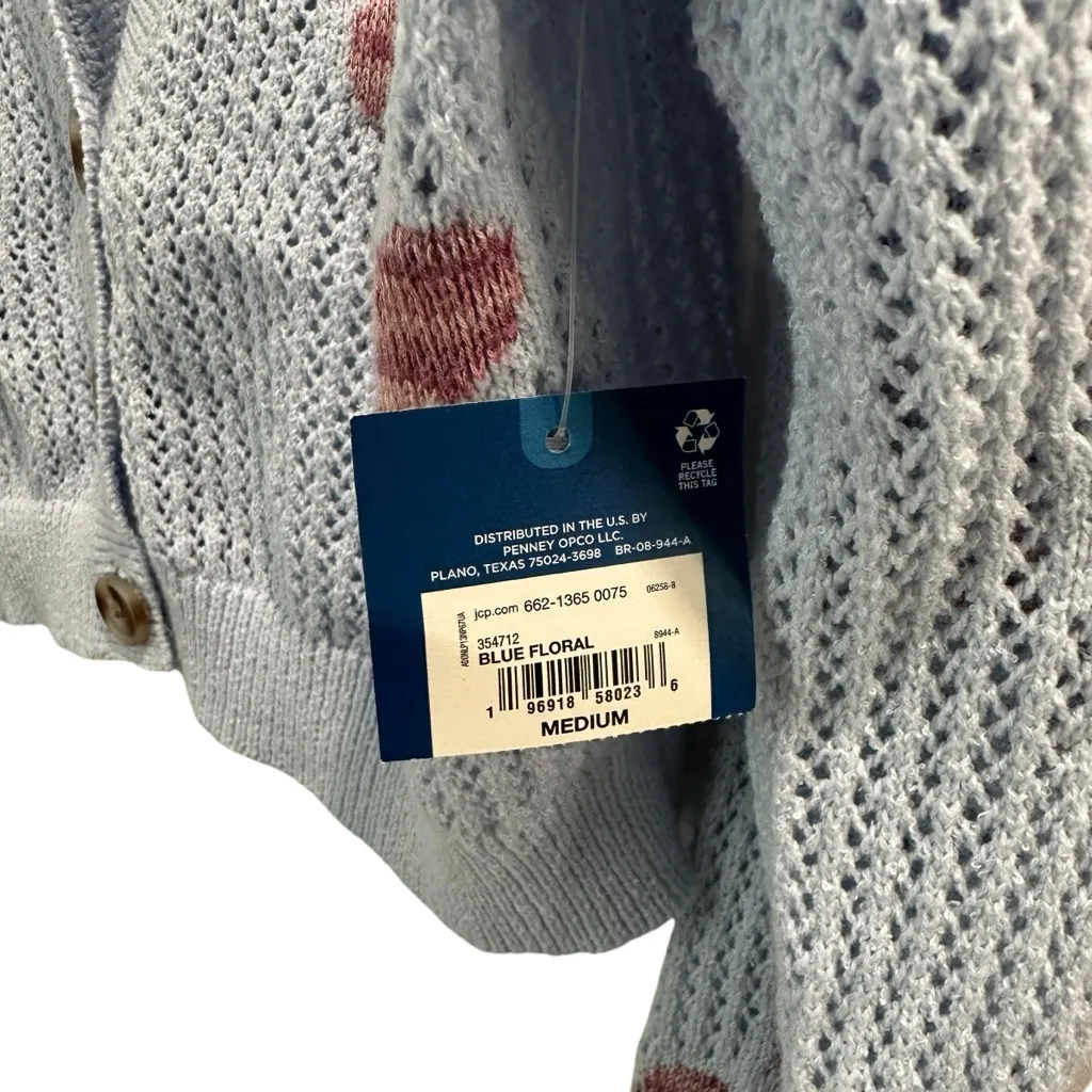 Arizona Jean Co. Blue Floral Open-Knit Button Cardigan Sweater -‎ Medium NWT - Image 4