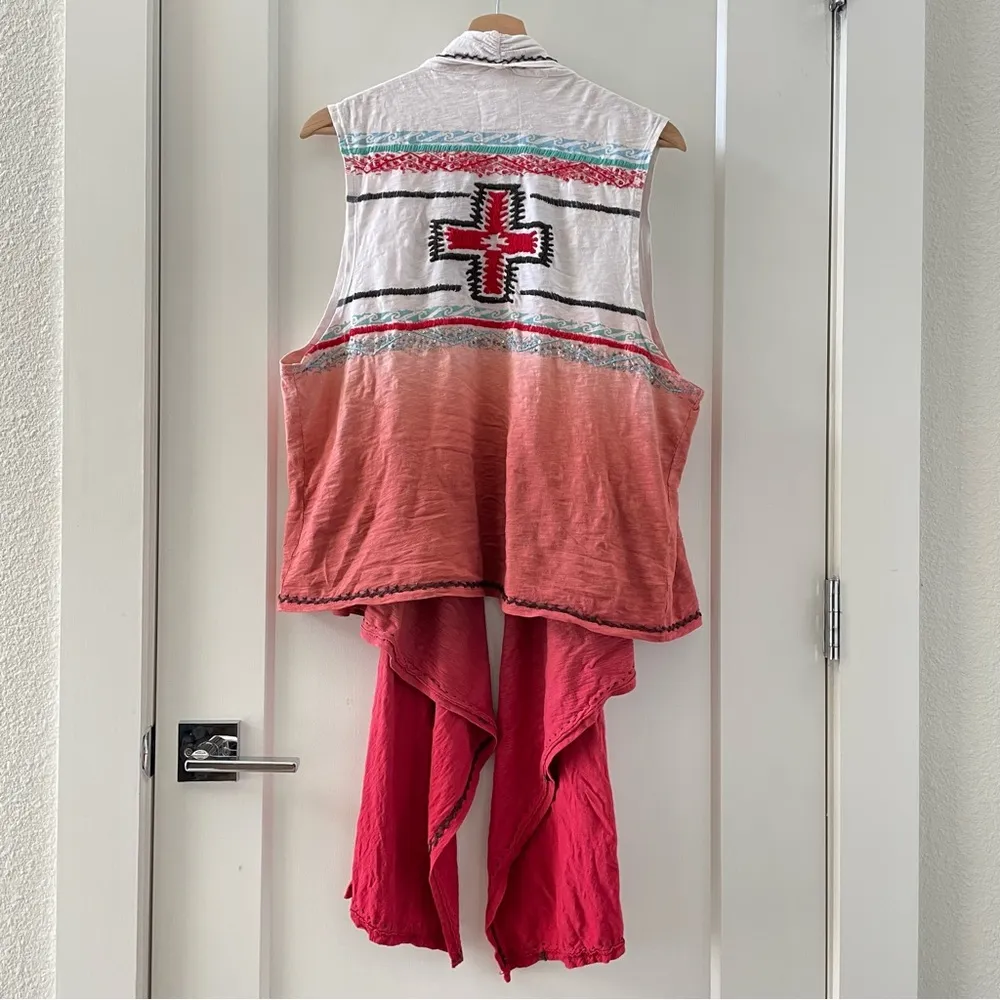 Double D Ranch Duster Open Front Ombre Vest Aztec Cross Star Western L/XL White Size L - Image 2