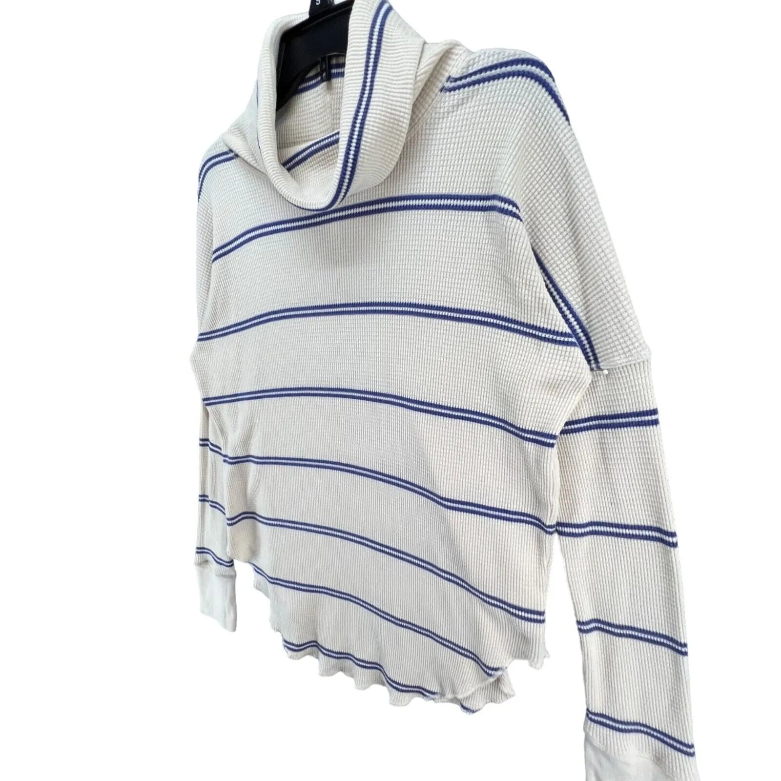 Aritzia Babaton Thermal Sweater Women S Cream Blue Striped Waffle Knit Cowl Neck - Image 3