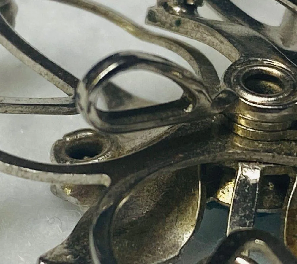 Silver Tone Flower Pin Brooch Pendant Filagree Rivet Construction Rhinestones - Image 9