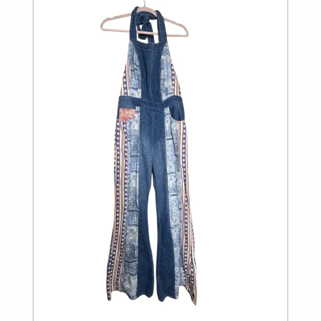 FREE PEOPLE WOMEN'S MEDIUM WASH PATCHWORK DALLAS DENIM JUMPSUIT SIZE 12 - Image 5