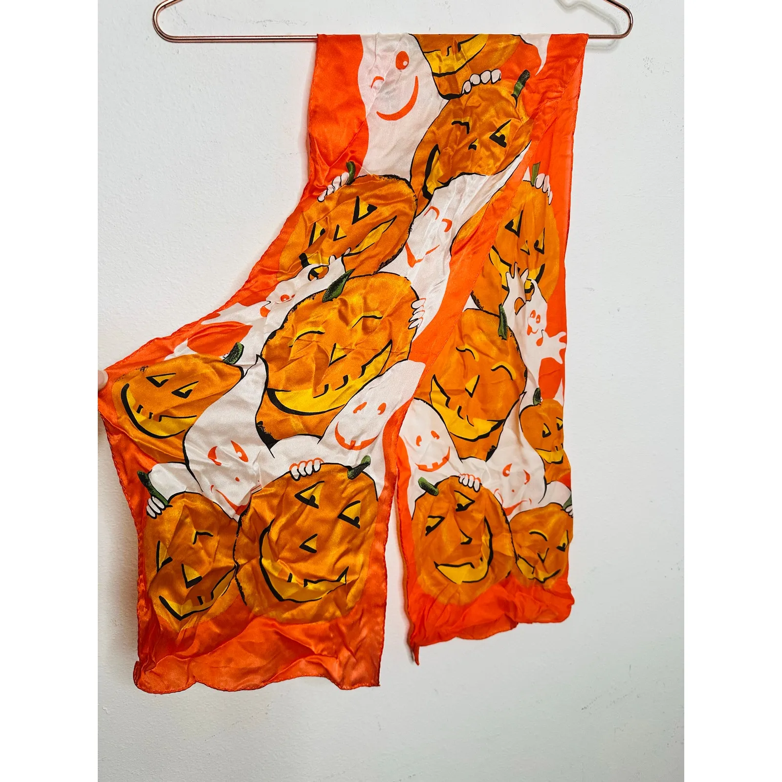 Vintage Pumpkin White Ghost Ghoul Happy Smile Halloween Scarf Tie - Image 9