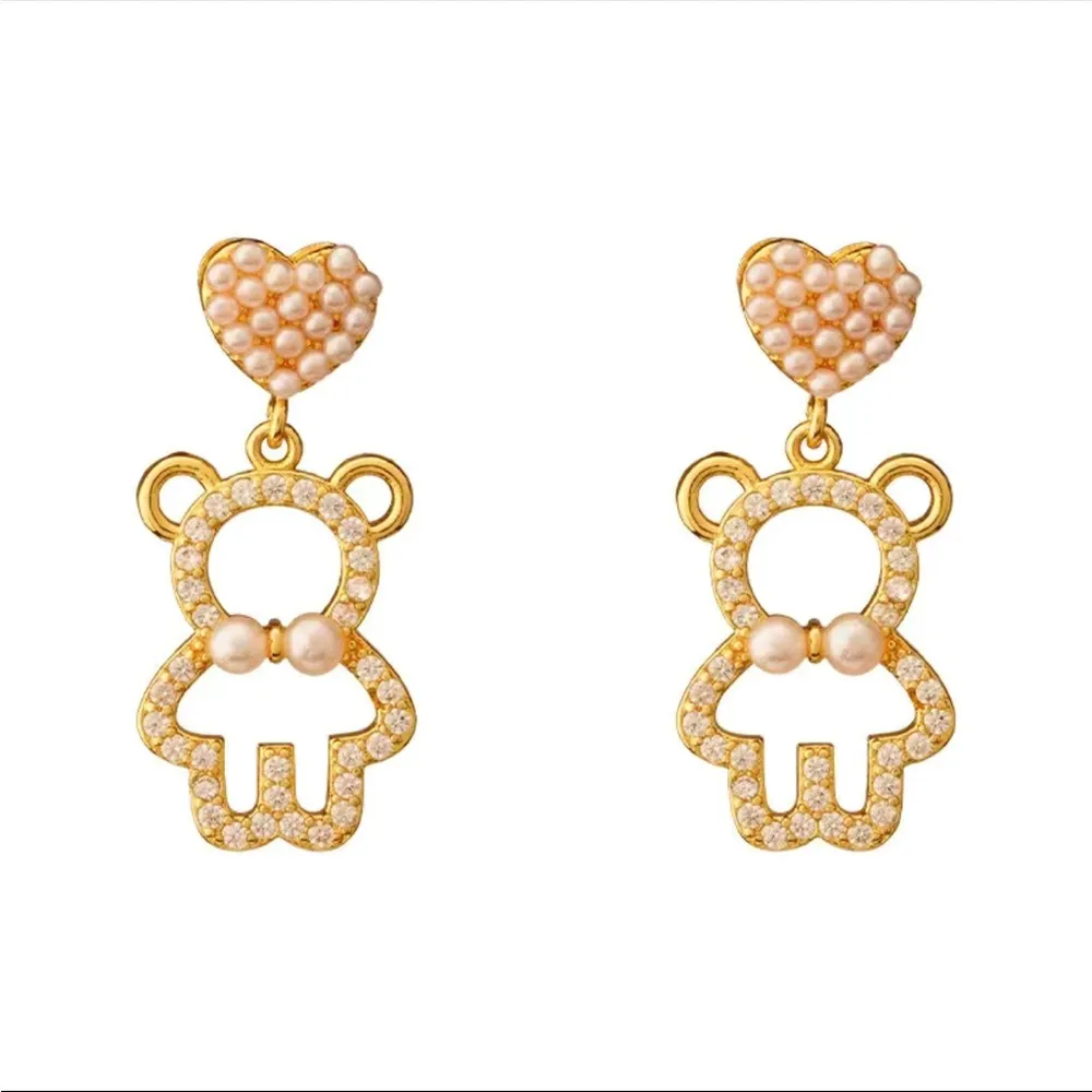 Rhinestone And Faux Pearl Decor Gold Plated Bear Drop Earrings Faux Fashion Jewe - Image 5