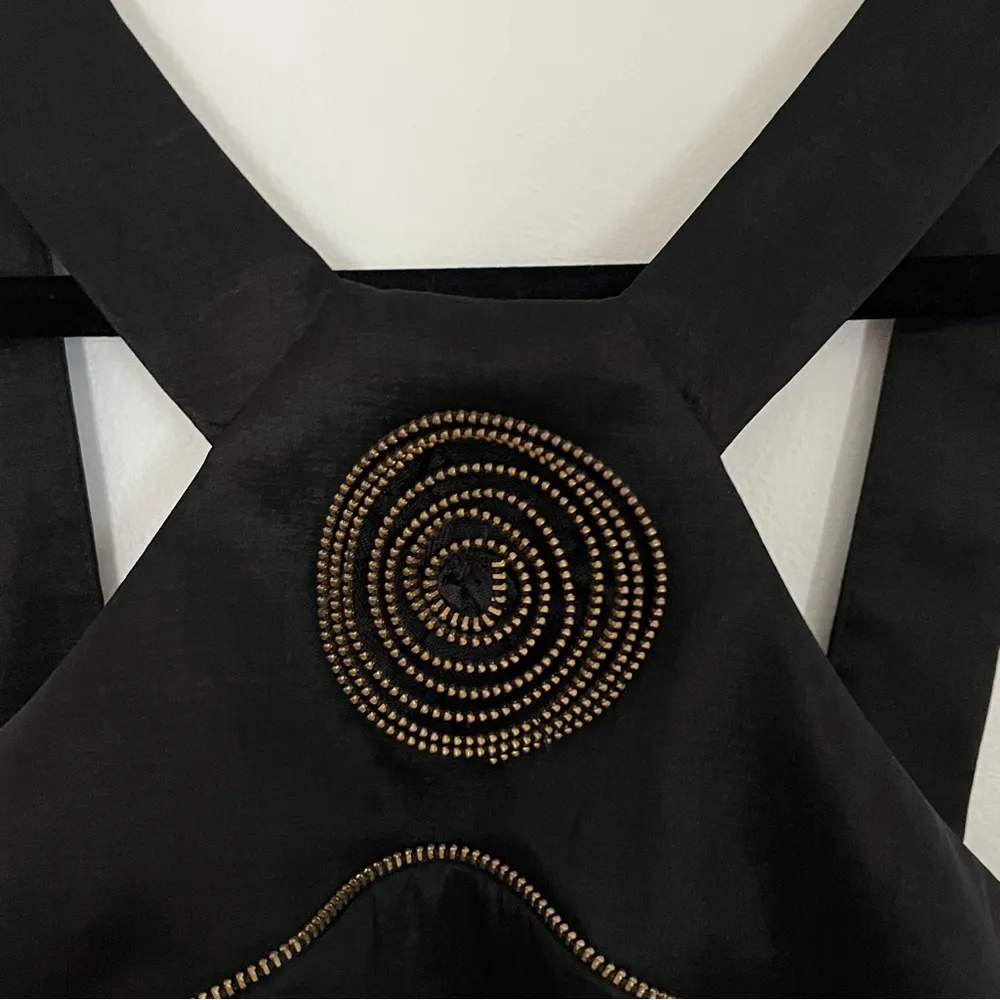 Betsy & Adam Black Knee Length Cocktail Dress Rouching and Zipper Flower Detail - Image 2