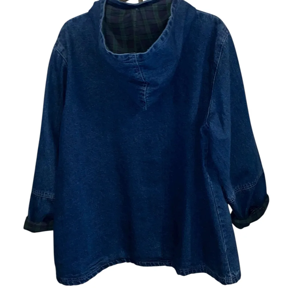 NorthStyle Denim Chore Coat Barn Jacket Green plaid flannel lining Hooded Fall Blue Size L - Image 14