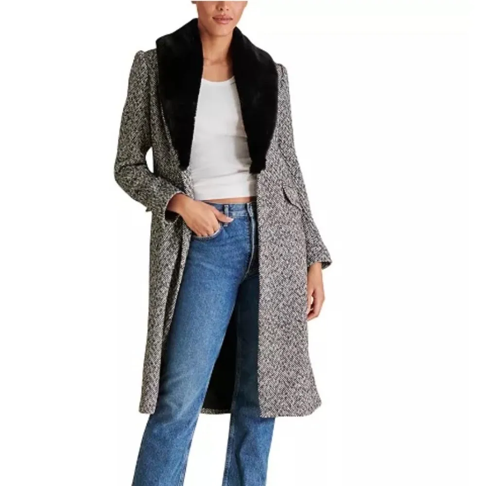 Herringbone Tweed Coat Black Faux Fur Collar Longline Winter Warm - Image 2