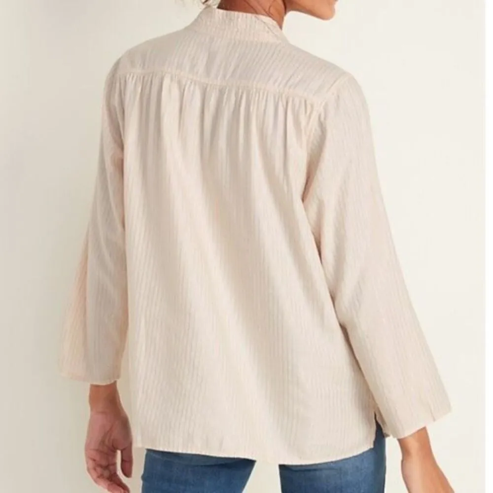 Old Navy Women’s Peasant Poets Metallic-Stripe Split-Neck Blouse Cream & Gold XS - Image 2