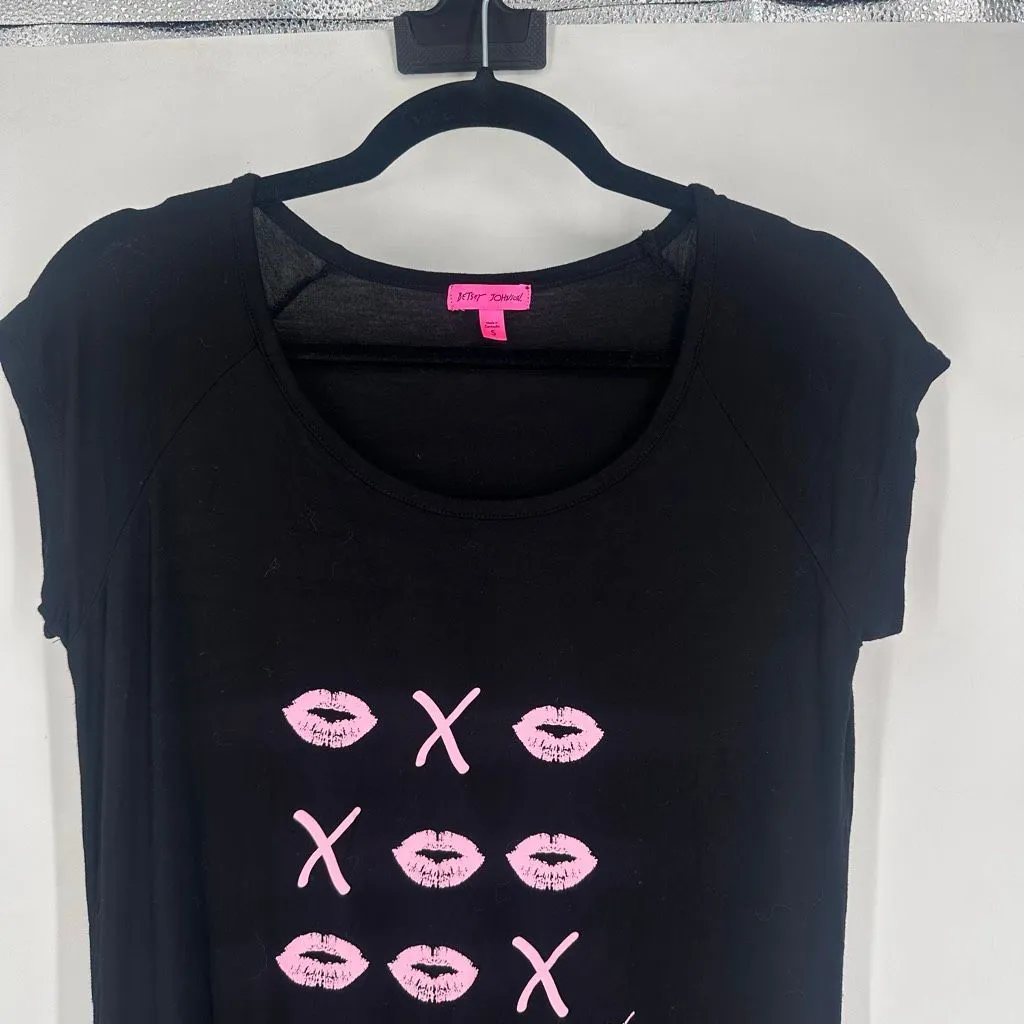 Betsey‎ Johnson XOXO Nightgown Night Shirt Black Pink Lipstick Size S Stretchy - Image 4