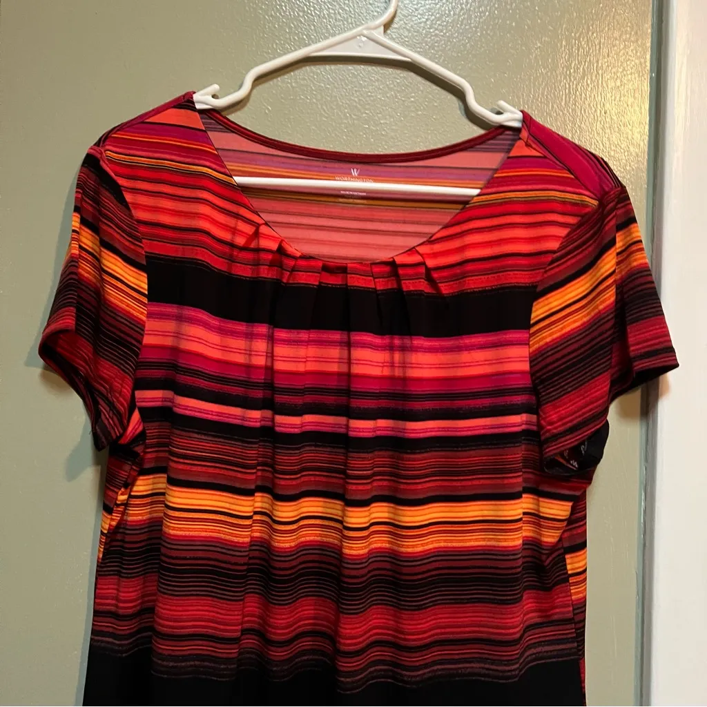 Worthington Blouse Black Red Pink Orange Stripes Scoop Neck PXL - Image 2