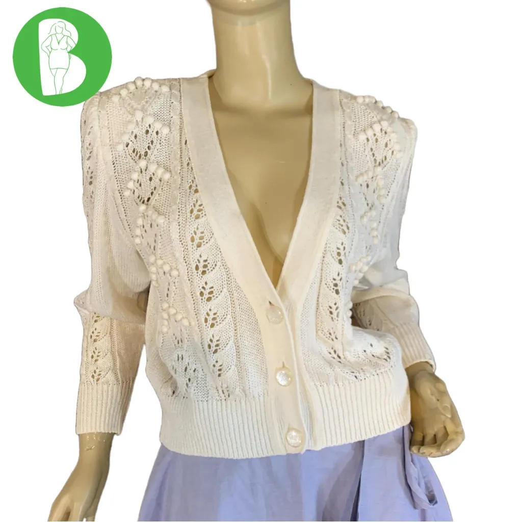 EL JEUNE VINTAGE JAPANESE CREAMY WHITE POMPOM ACCENT V NECK CARDIGAN SWEATER (L) Size L - Image 2