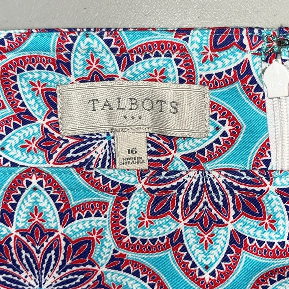 Talbots Size 16 Blue & Red Geometric Print Cotton Blend Straight Pencil Skirt - Image 4