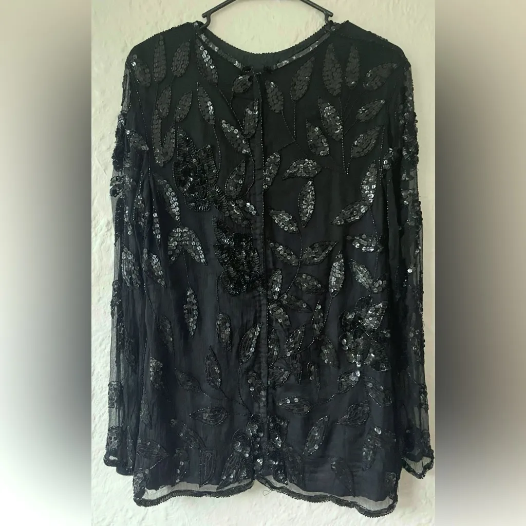 Vintage Black Bleaded 100% silk lined long sleeve cocktail dress/tunic; size M Size M - Image 6