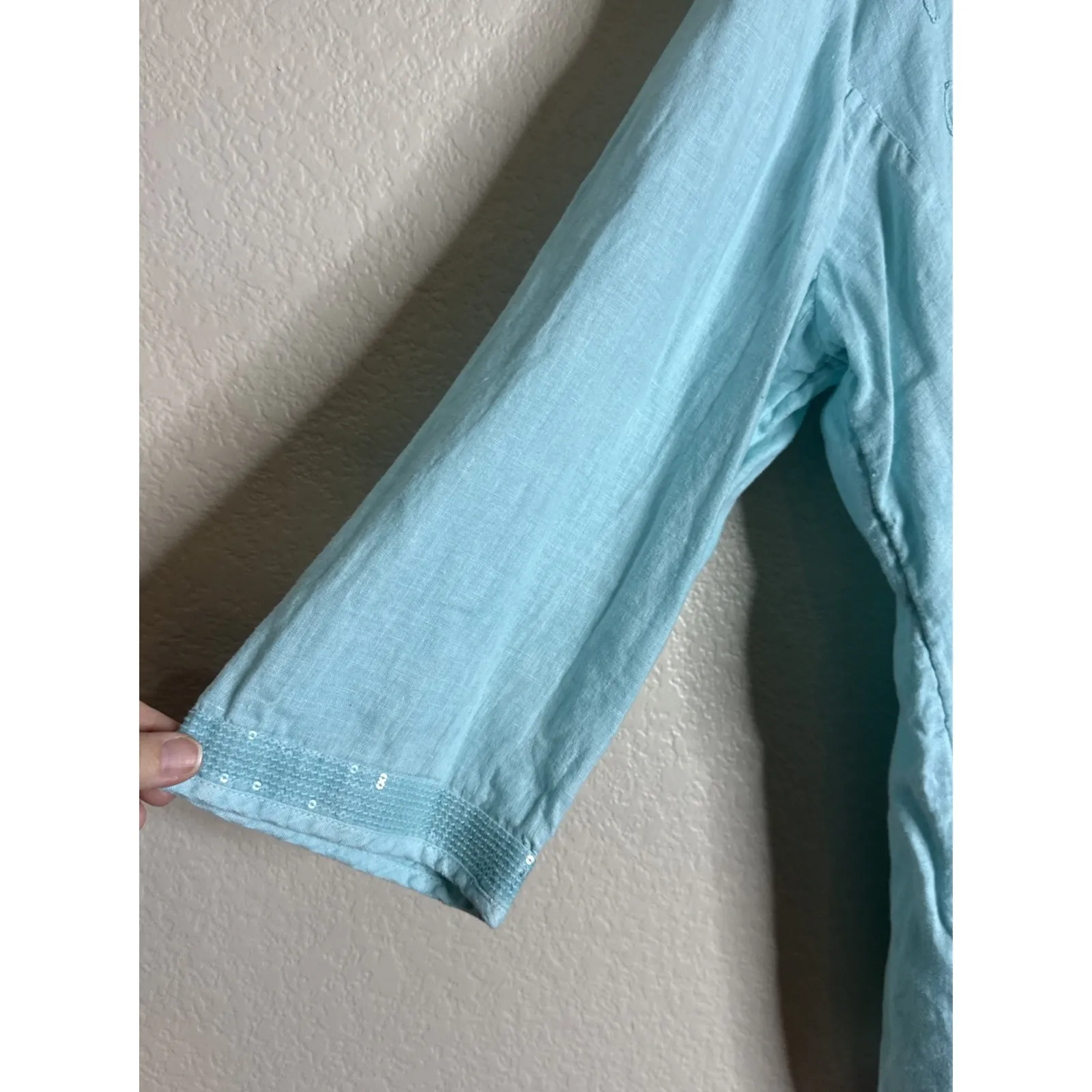 Chicos 3 US XL Sequin Turquoise Embroidered Linen Top Blouse Sheer Beach Travel - Image 3