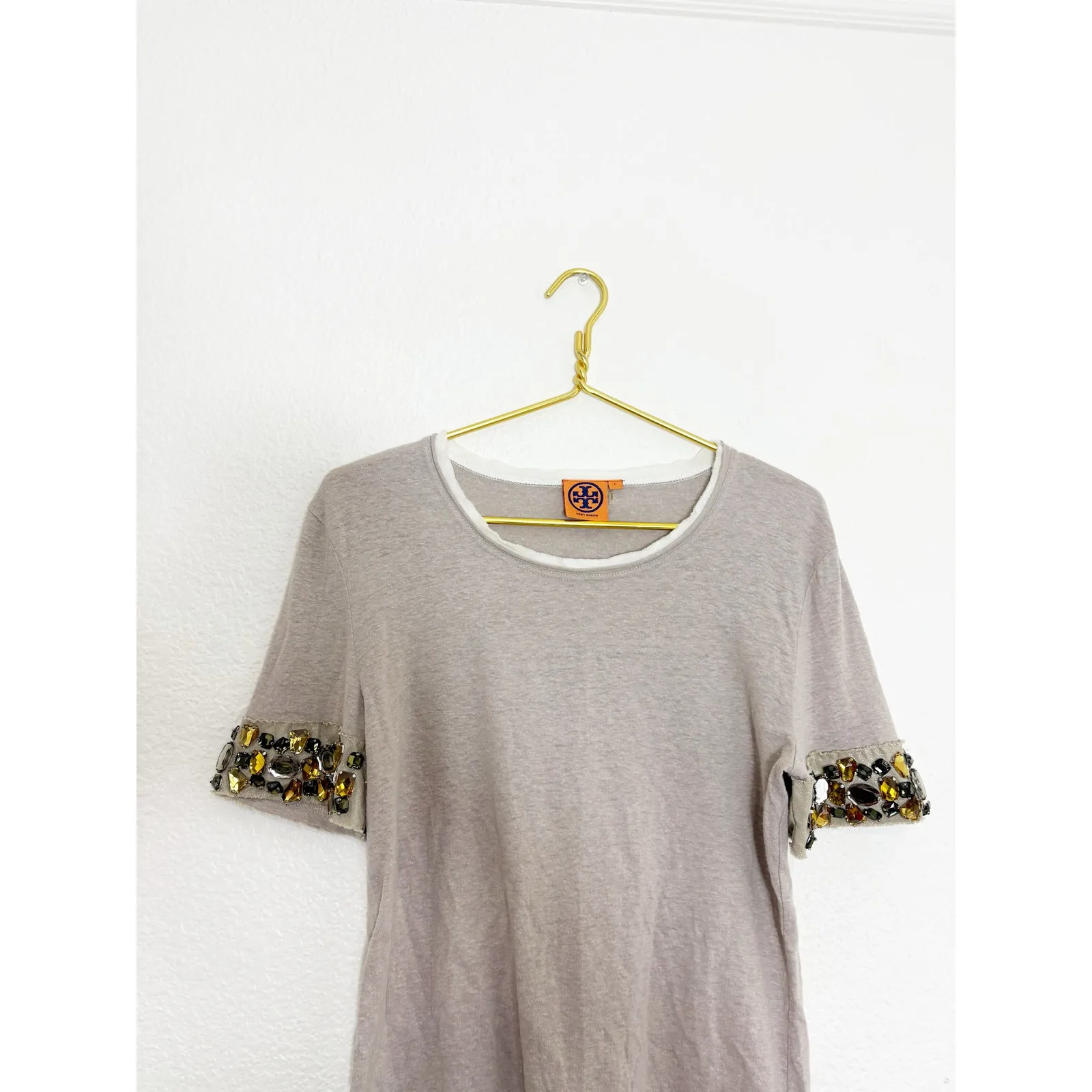 Tory Burch Hemp Cotton Jeweled Short Sleeve Size Large Beaded Cuff Lightweight - Image 3