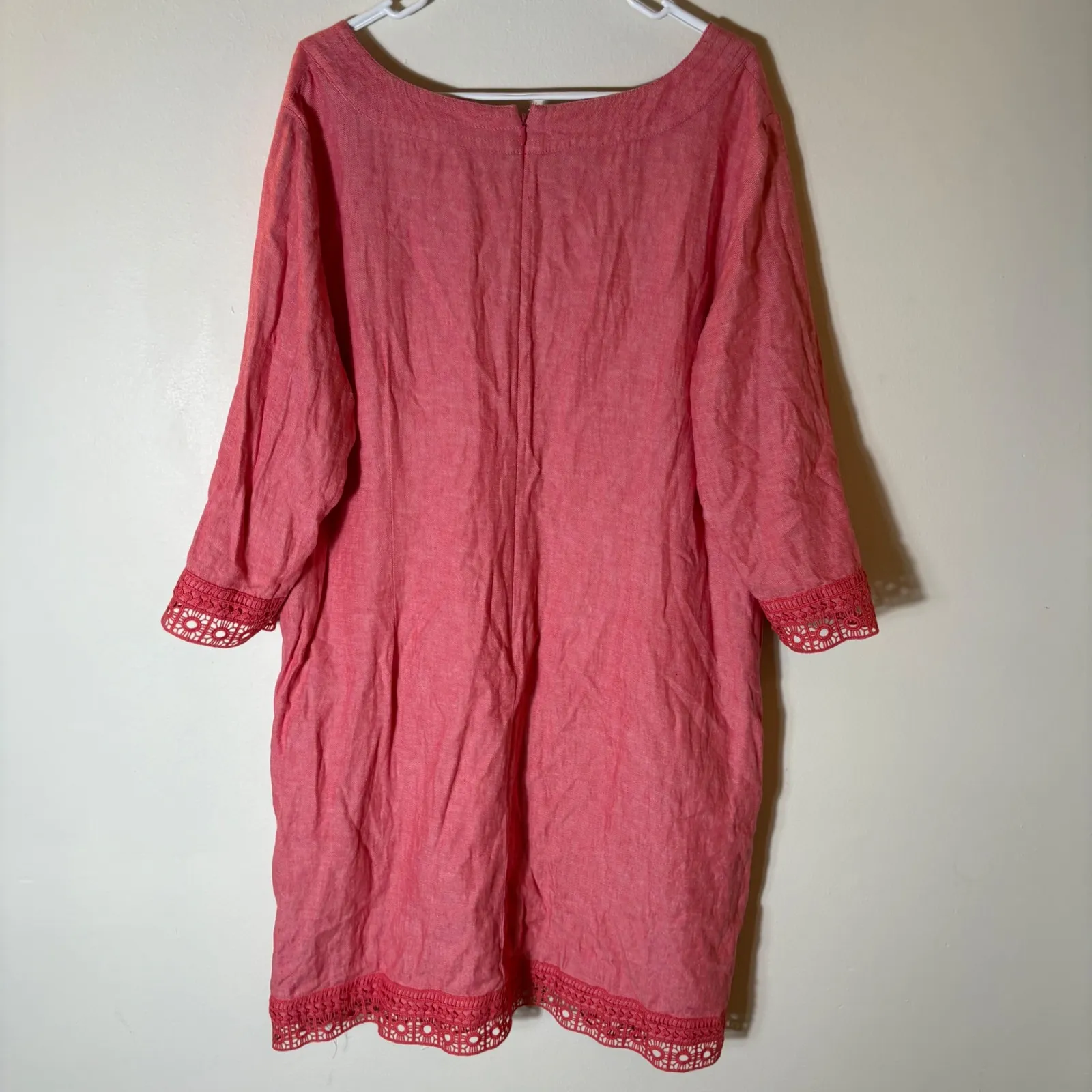 Talbots Woman Petite Coral Pink Linen Blend Crochet Trim V Neck‎ Dress 20WP - Image 6