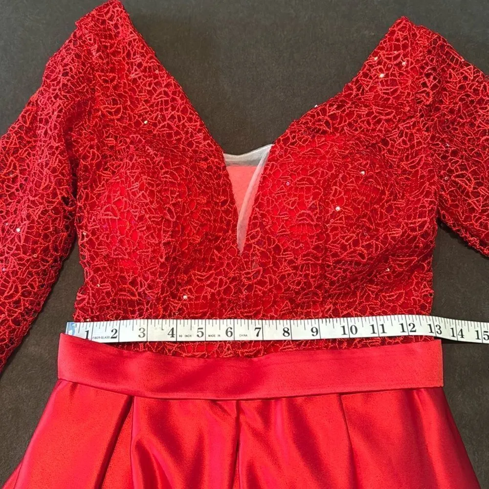 Red Full Length 3/4 Sleeve Sparkly Bodice Formal Prom Dress LegSlit Size 4 *READ - Image 9