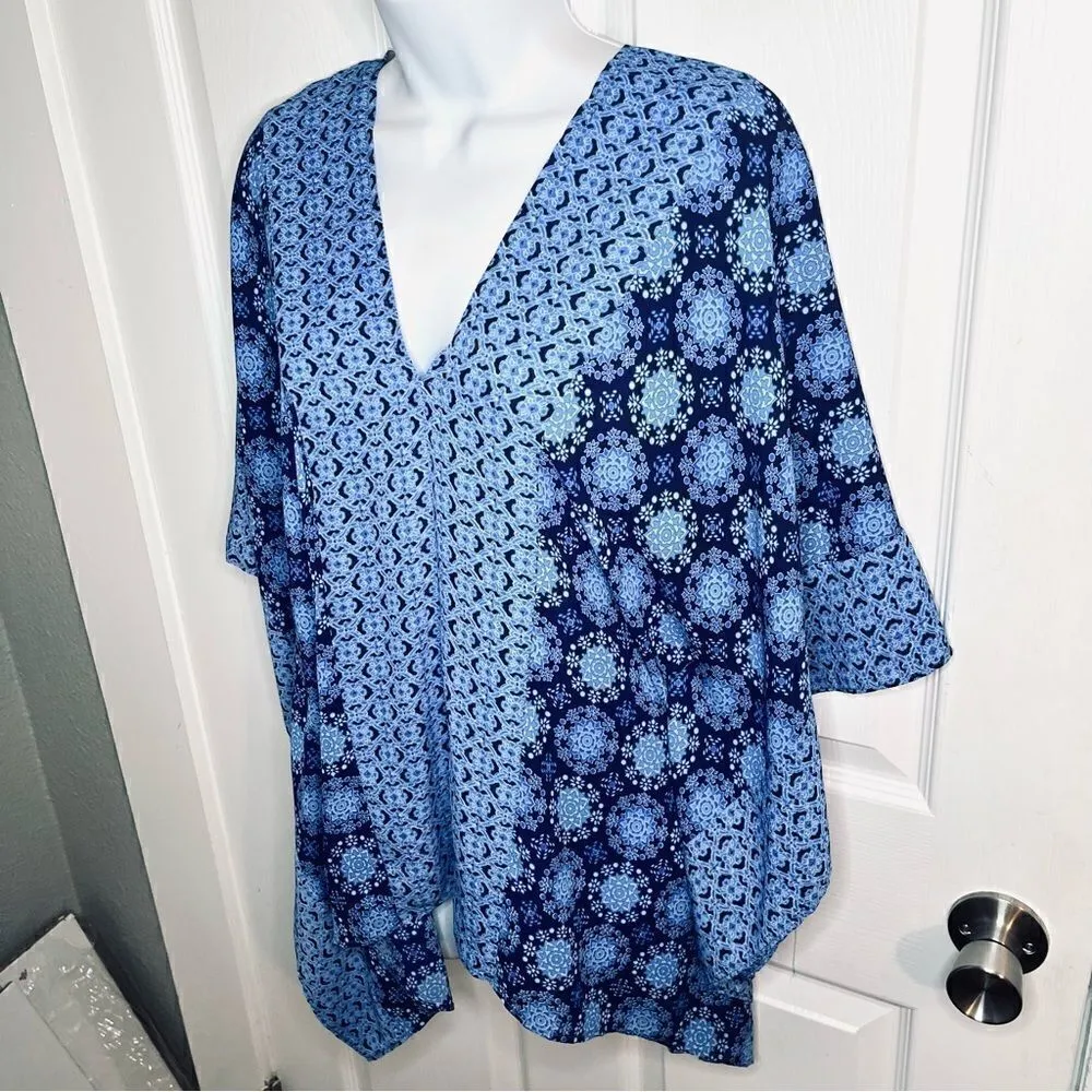 Miami Kaftan Style Mediterranean Print Top Flowy Blue M - Image 4