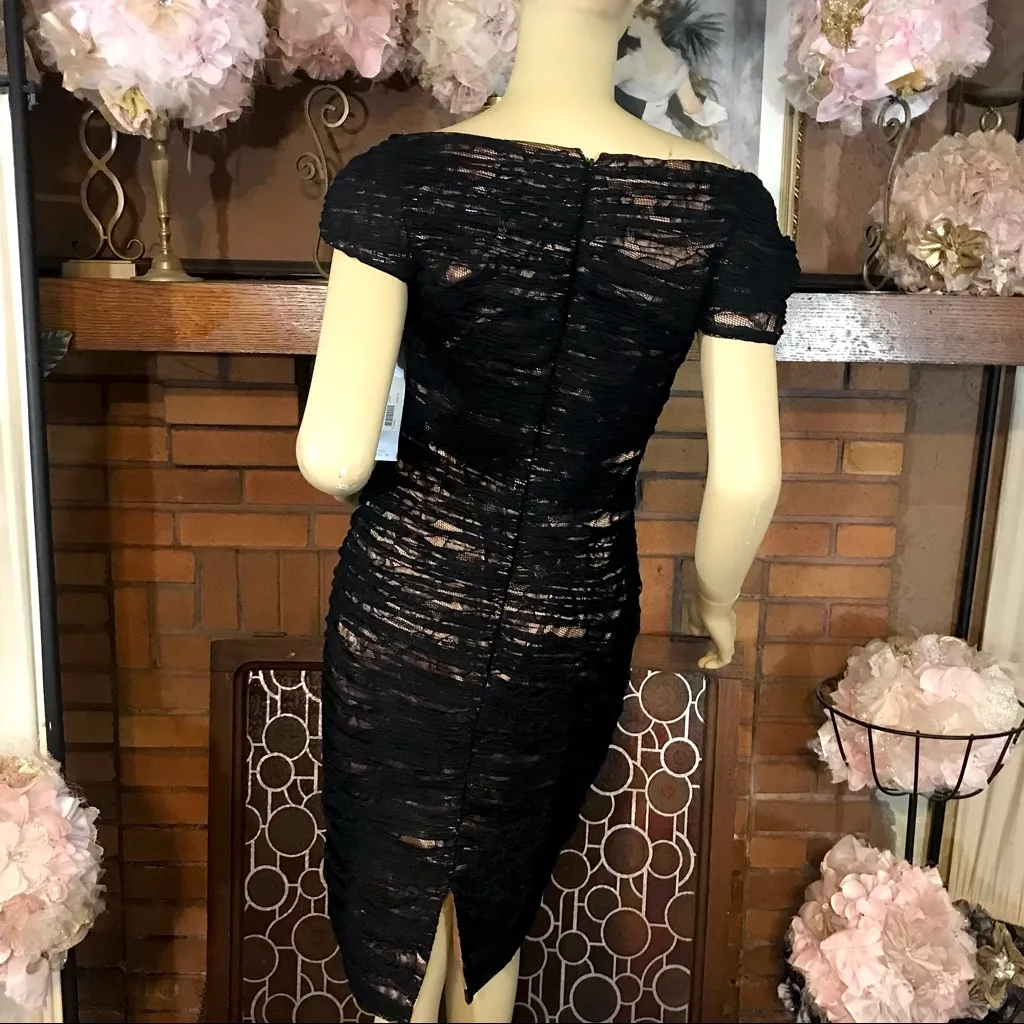 JOVANI BLACK LACE & BLUSH SATIN OFF-THE-SHOULDER COCKTAIL DRESS NWT (6) - Image 3