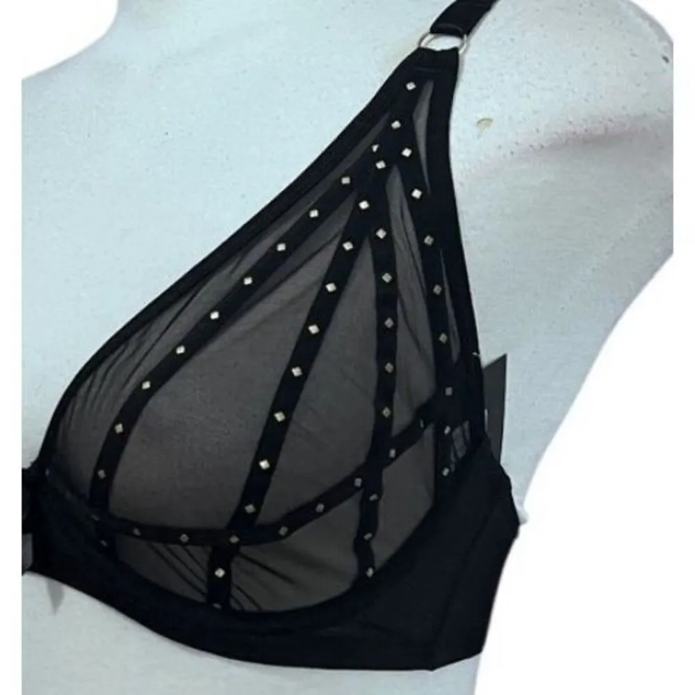 NWT Fredericks of Hollywood SZ 34F Rozlyn Mesh & Stud Black Underwire Bra - Image 3