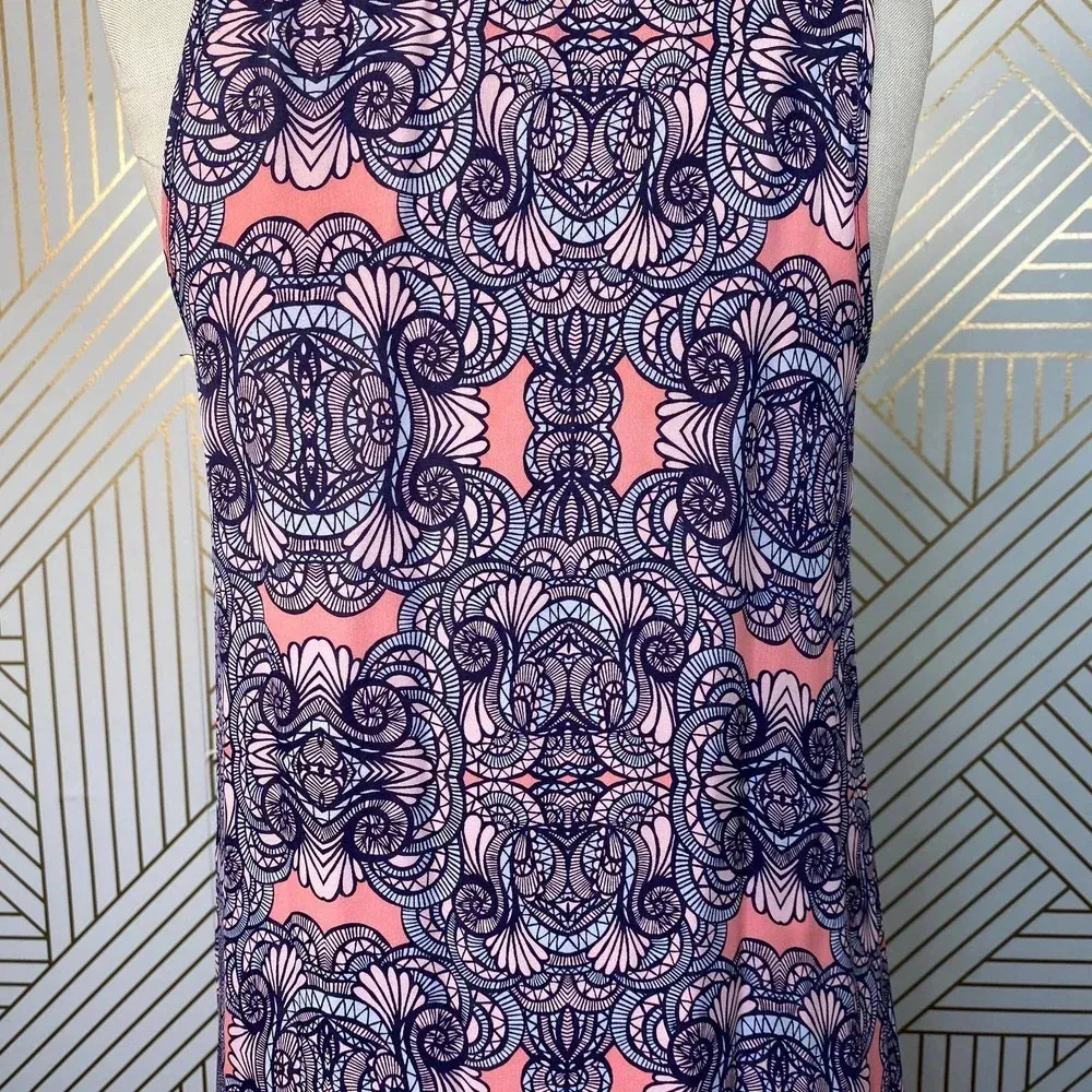 Amanda‎ Uprichard Mini Dress Drop Hem Tie Neck Geometric Print Pink Purple Small - Image 8