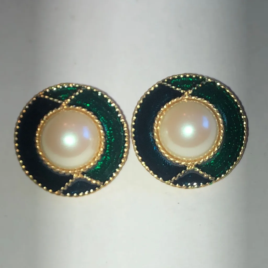 Angel Brand Elegant Green Blue Enamel Gold Tone Faux Pearl Earrings - Image 2