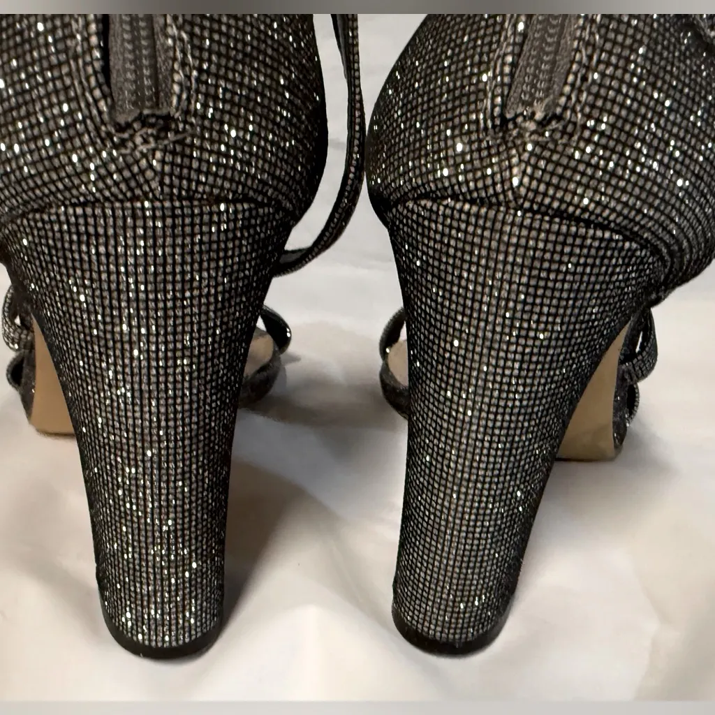 Shari Heel in Silver And Black by Nina. Shiny Strappy Heels zip up back Size 7 - Image 6