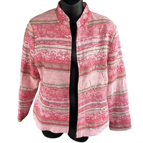 Vintage Analogy Women's M Pink Y2K Floral Stripe Standing Collar Zip Jacket Size 8 - Image 3