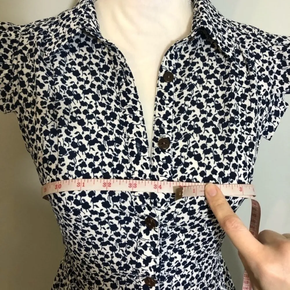 NWOT  Navy Blue White Floral Shirt Dress New Button Belted Flutter Sleeve - Image 5