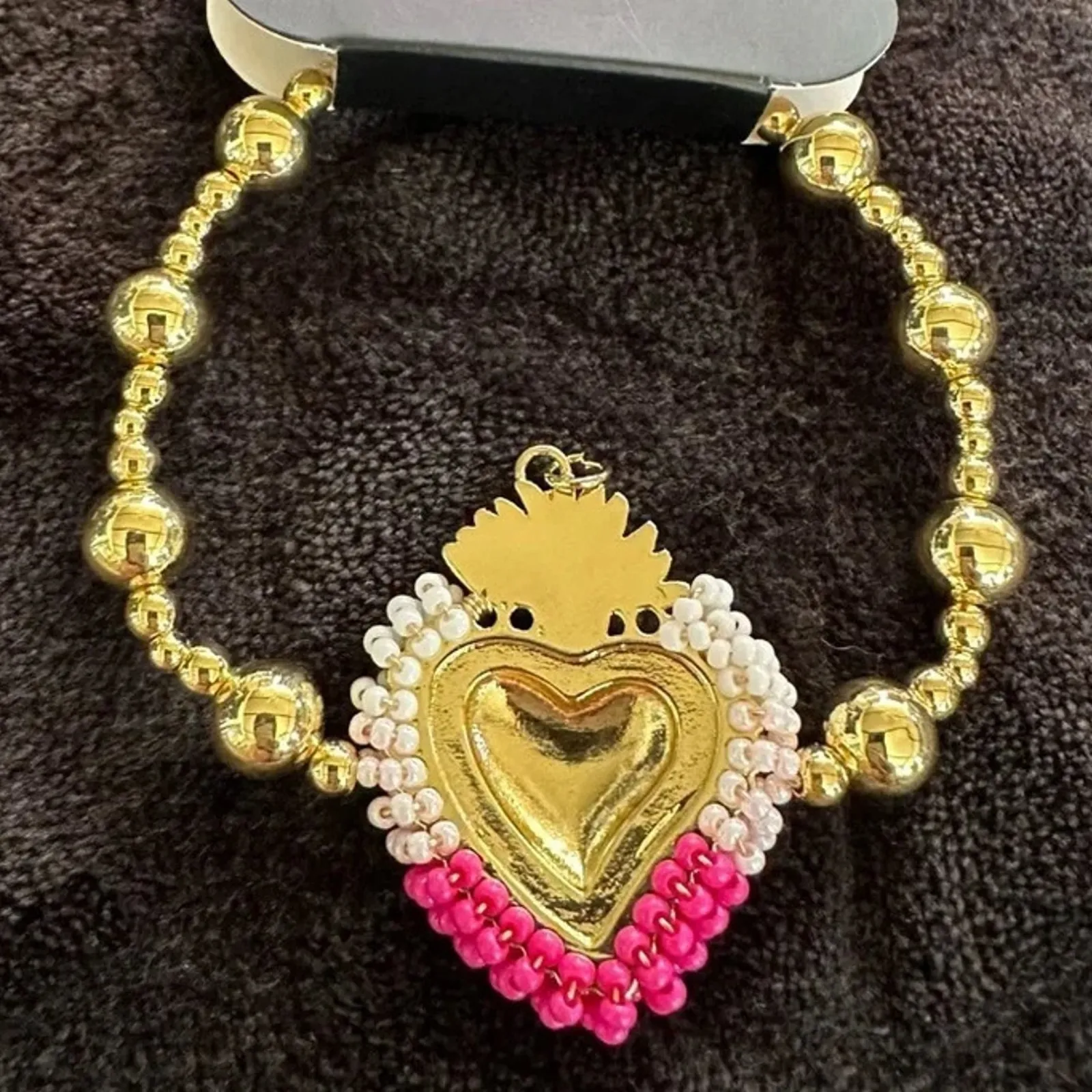 Handmade Gold Plated Sacred Heart Bracelet Beaded Mexican Milagro Jewelry - Image 2
