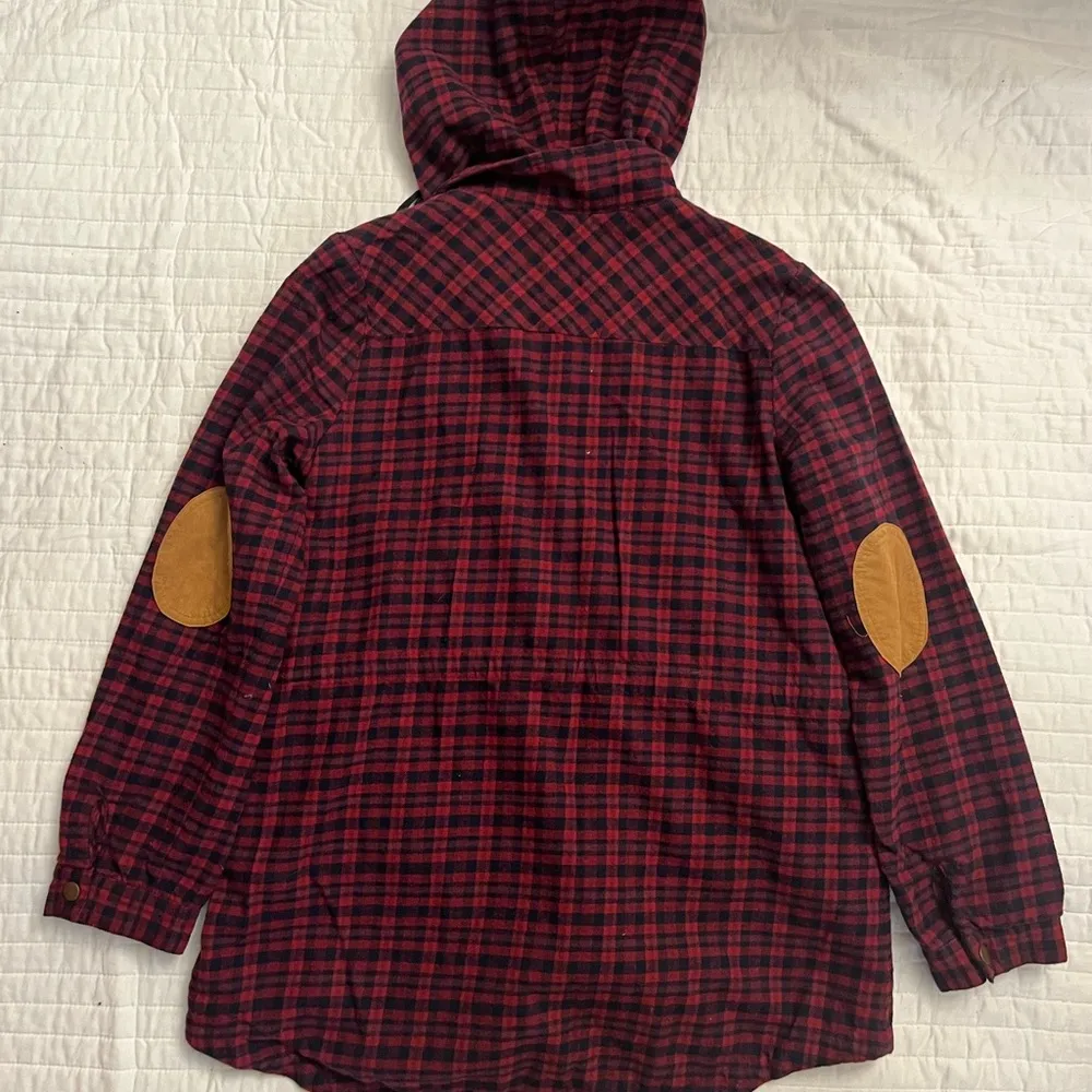 Blu Pepper Women's Full Zip Hooded Flannel Jacket Red Plaid Top Elbow Pa… - Image 6