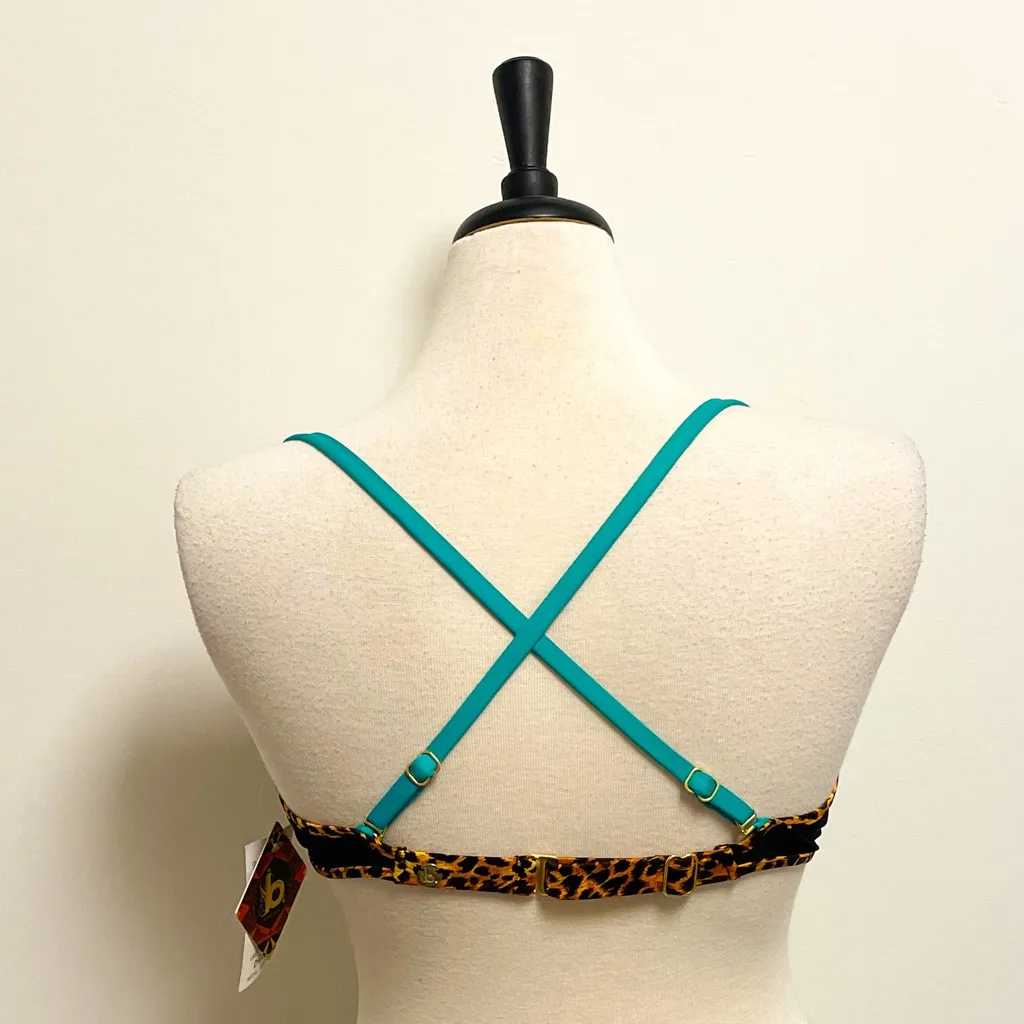 B Swim D Cup Rawr Uniwire Underwire Bikini Top NWT Leopard Teal Removable Straps Tan Size L - Image 5