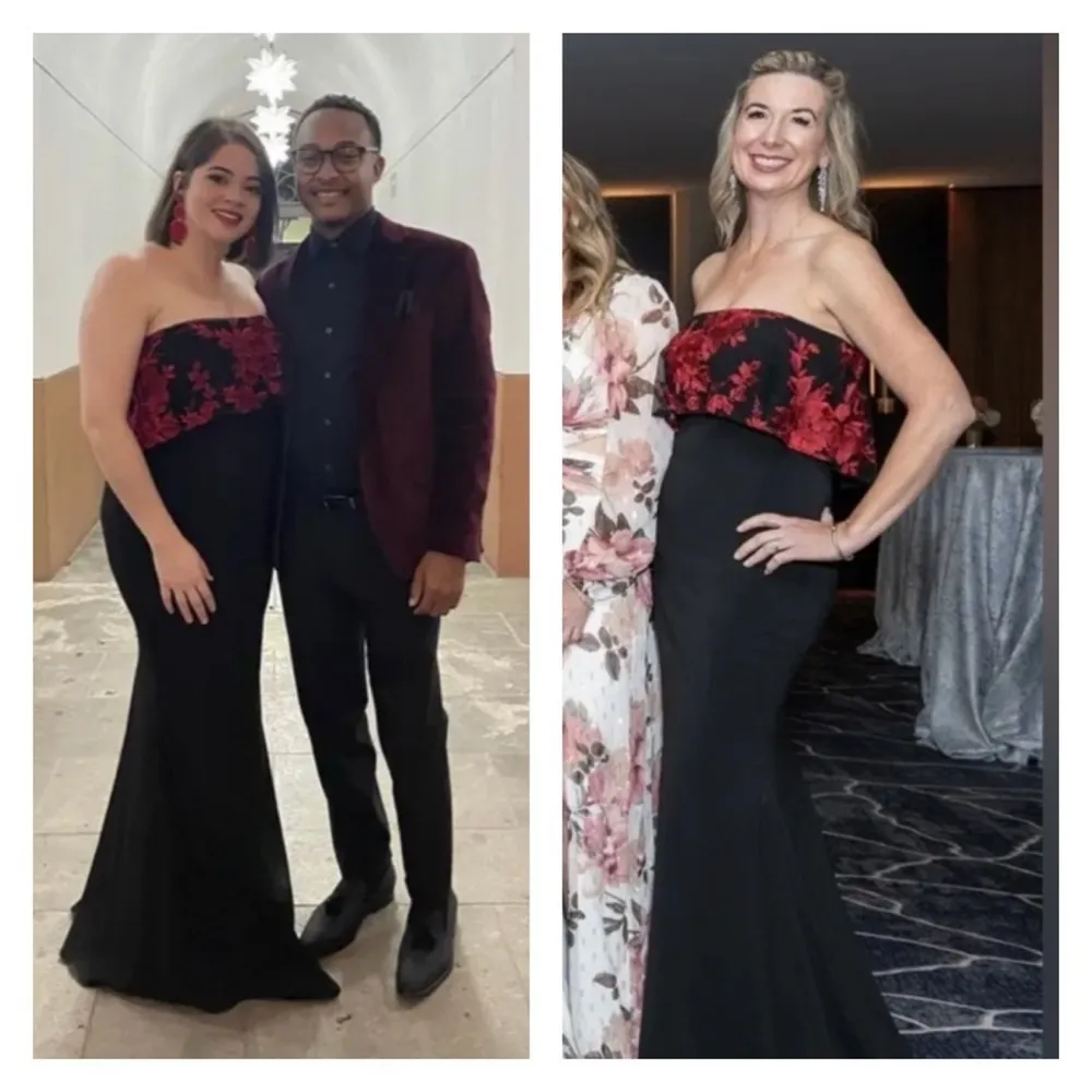 BADGLEY MISCHKA Floral Dress black red 6 Lace Formal Popover Gown strapless maxi - Image 4